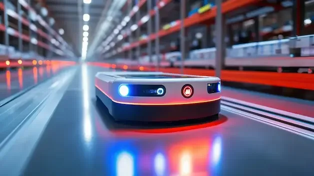 AGV beispielhaft in Regalgasse Fahrerloses Transportsystem (AGV) zur Logistikoptimierung im Mittelstand – KMU-SmartProjekt